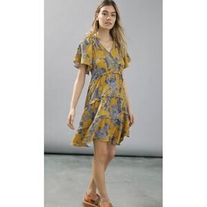 By Anthropologie Robin Tiered Mini Dress Women's Medium Mustard Yellow Floral